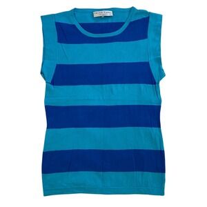 Trina Turk Women's Top Small Petite Blue‎ Striped Cotton Blend Short Sleeve